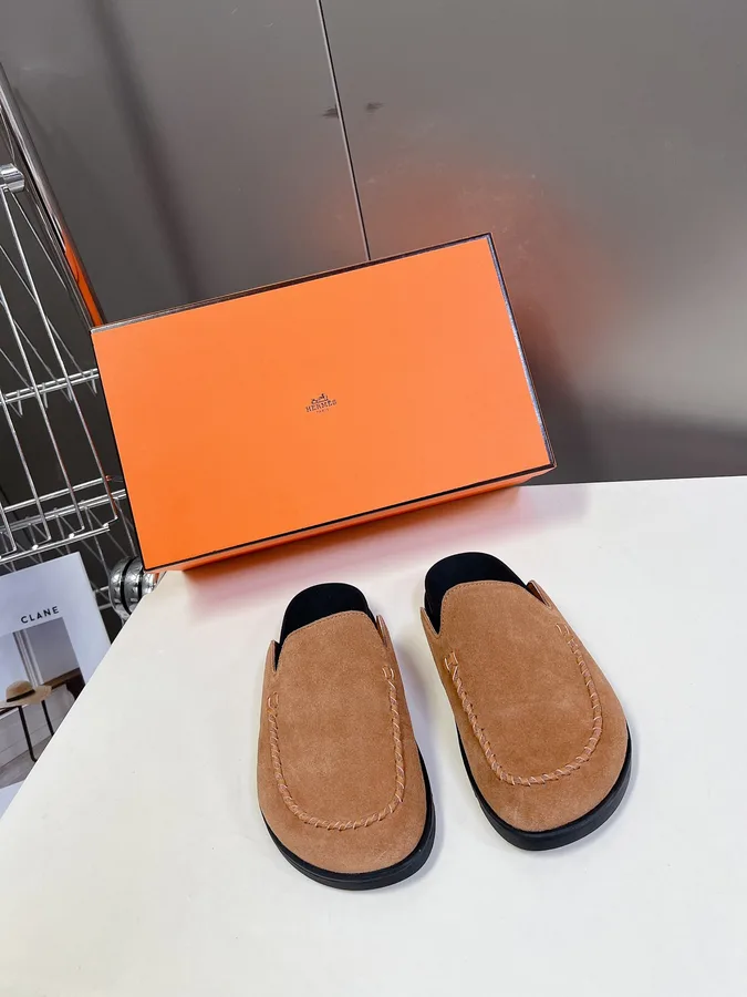 Hermes Women Tan Suede Slippers