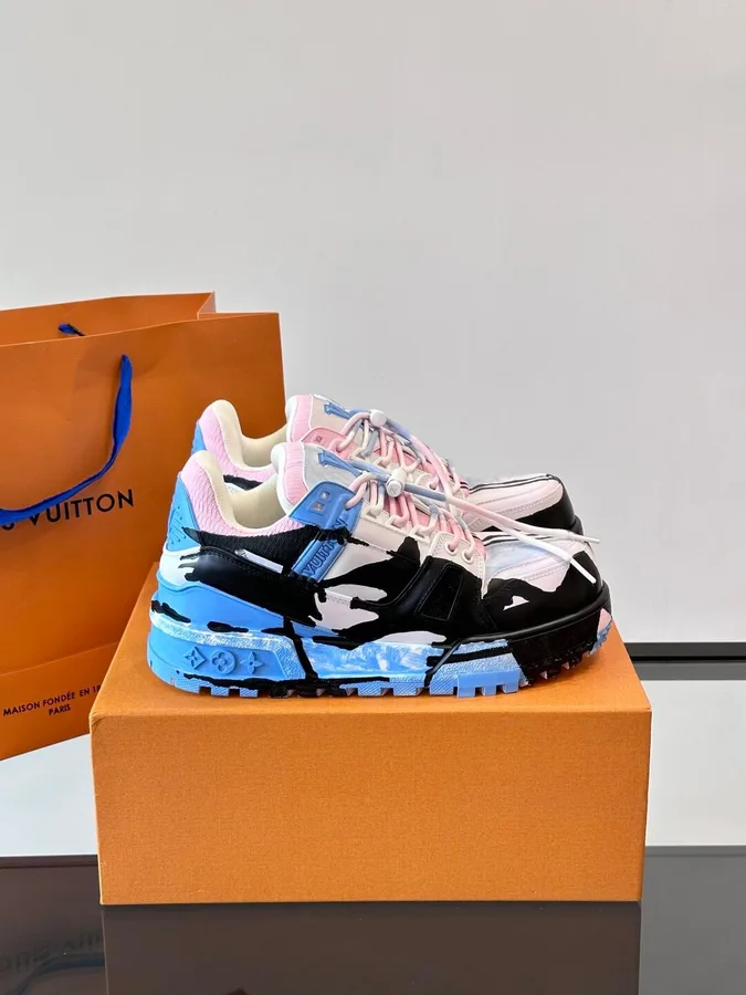LV Men Blue Pink Black Leather Sneakers