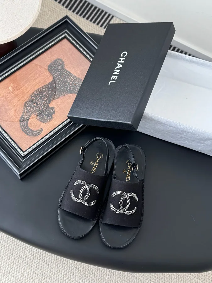 Chanel Women Black Fabric Logo Embellished Sandals