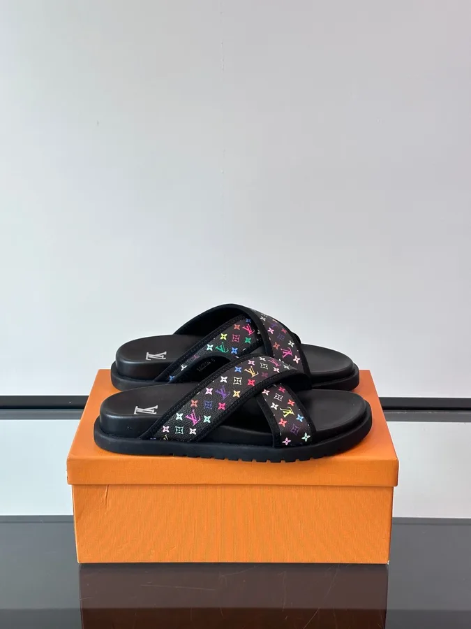 LV Men Black Multicolor Canvas Slides