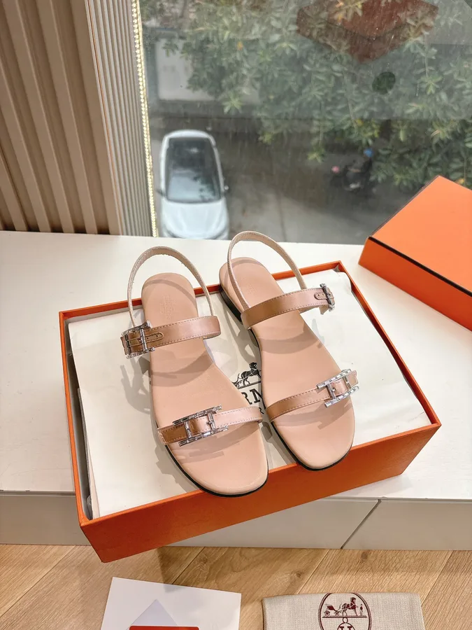 Hermes Women Beige Leather Strappy Sandals