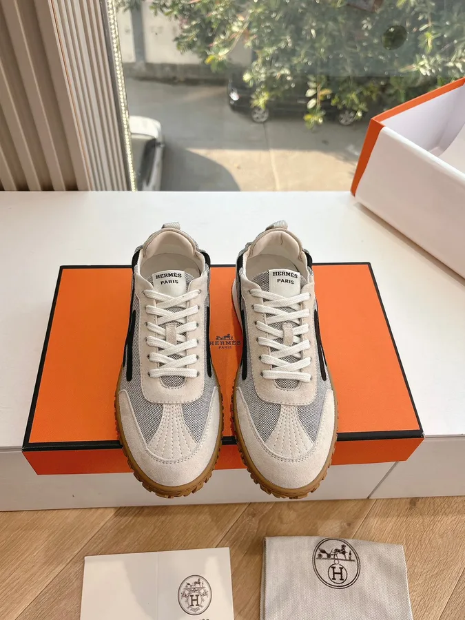 Hermes Women White Suede And Mesh Sneakers