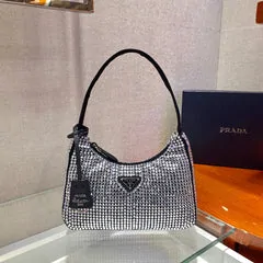 Sparkling Hobo Bag 23 in Black Nylon Attached Fully Crystals