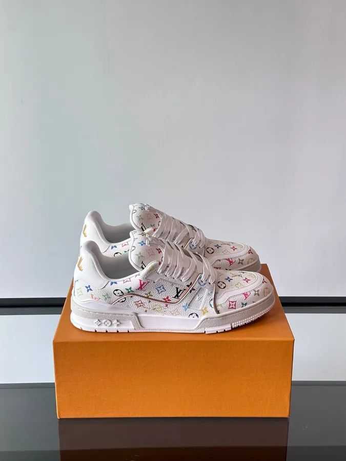 LV Men White Leather Multicolor Monogram Sneakers