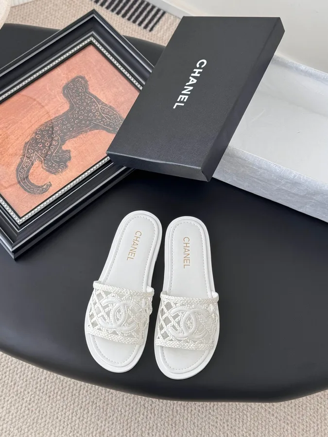 Chanel Women White Woven Leather Slides