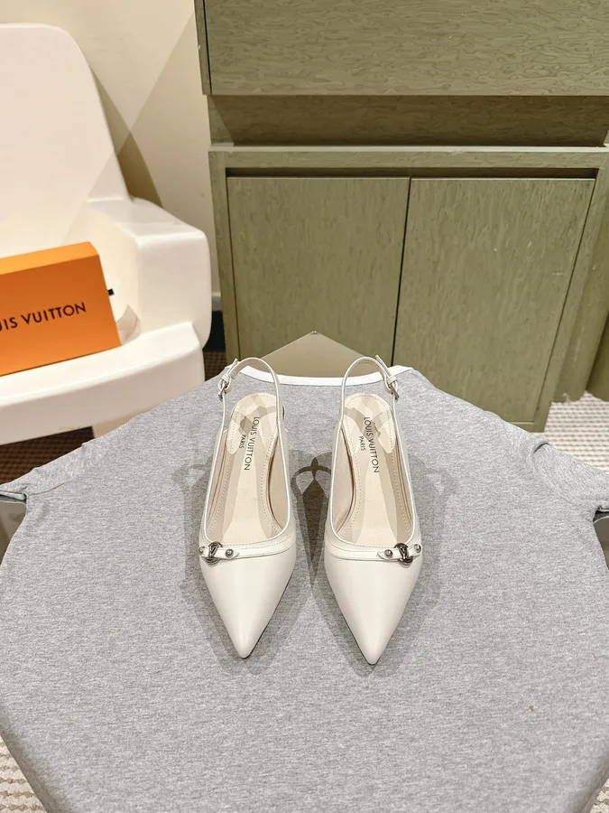 LV Women White Leather Pointed Slingback Heels