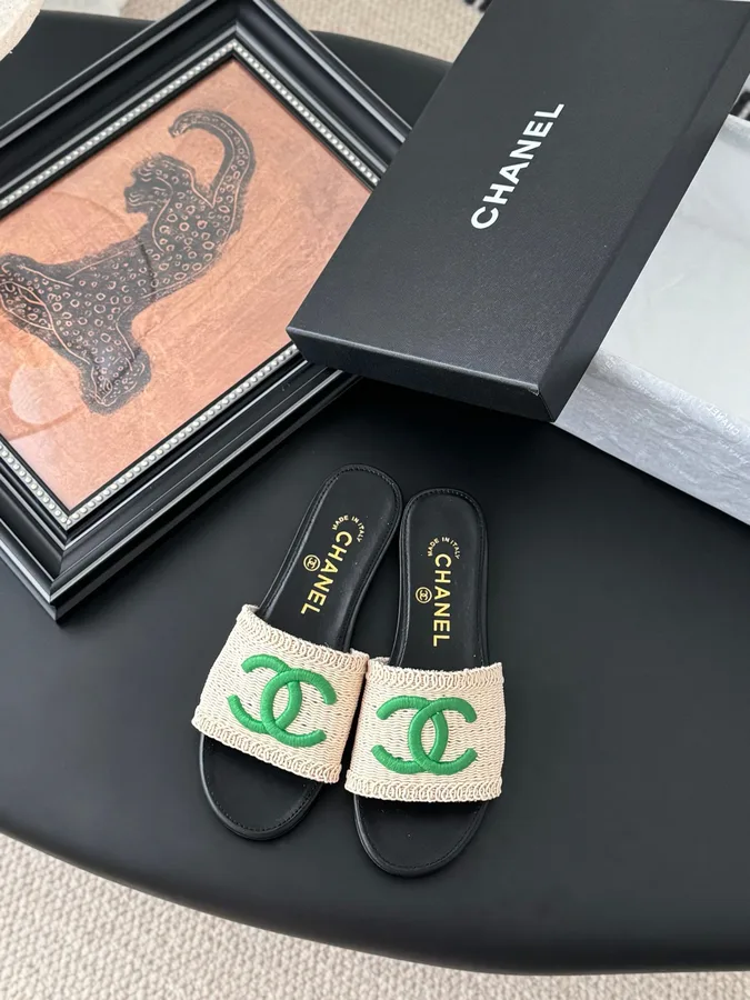 Chanel Women Beige Fabric Green Logo Slides