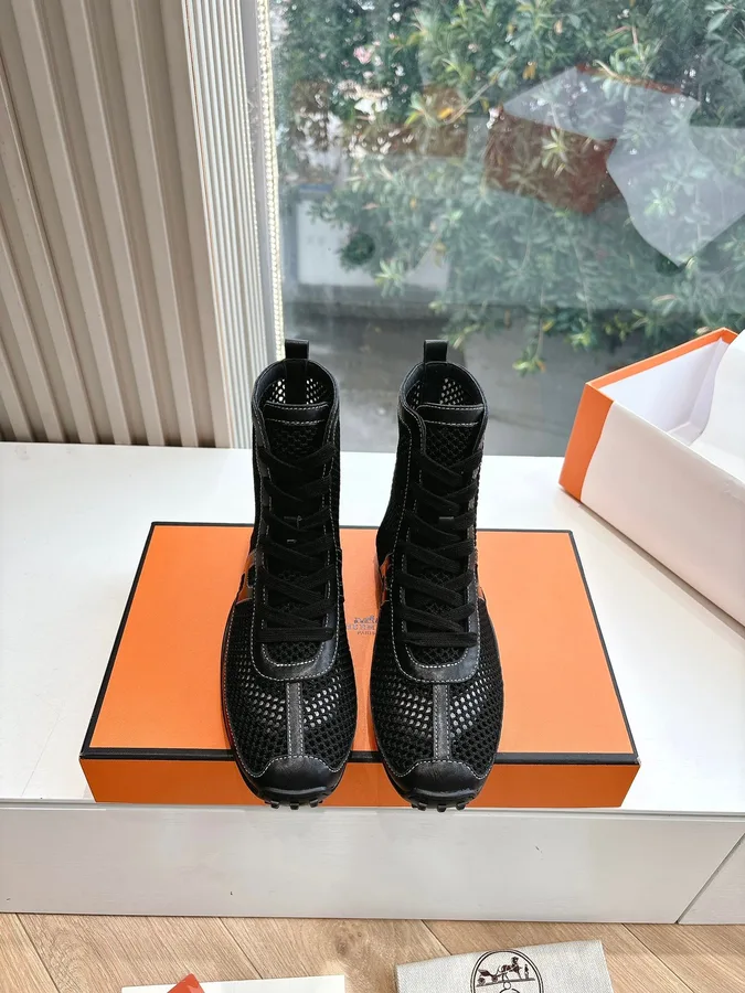 Hermes Women Black Mesh And Leather Boots