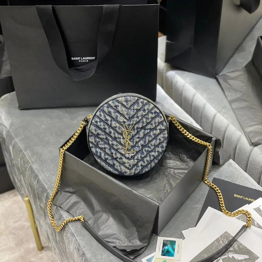 Saint Laurent YSL Women Vinyle Round Camera Bag in Chevron-Quilted Denim and Suede