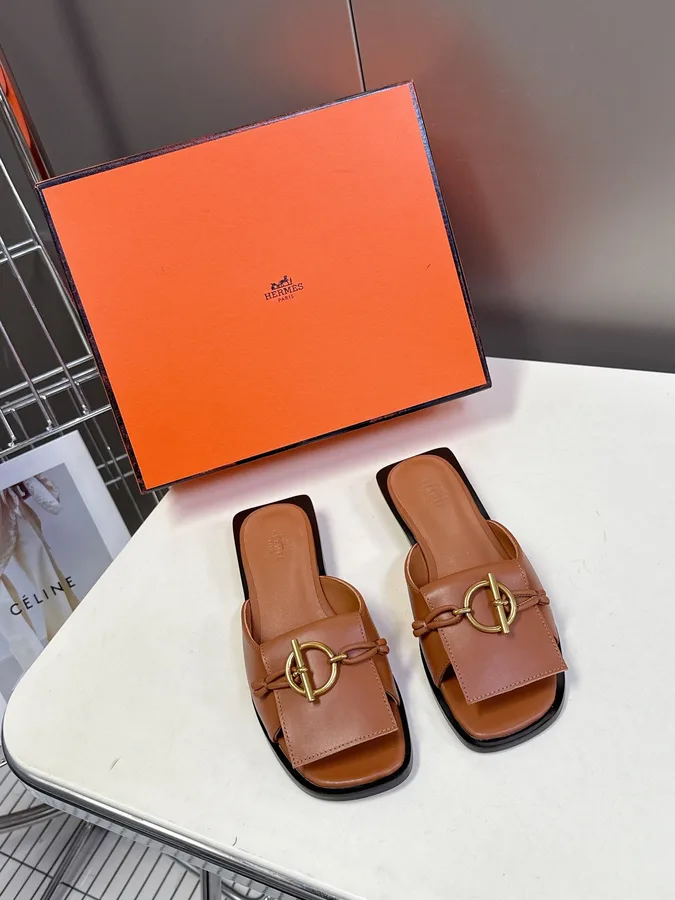 Hermes Women Brown Leather Flat Mules