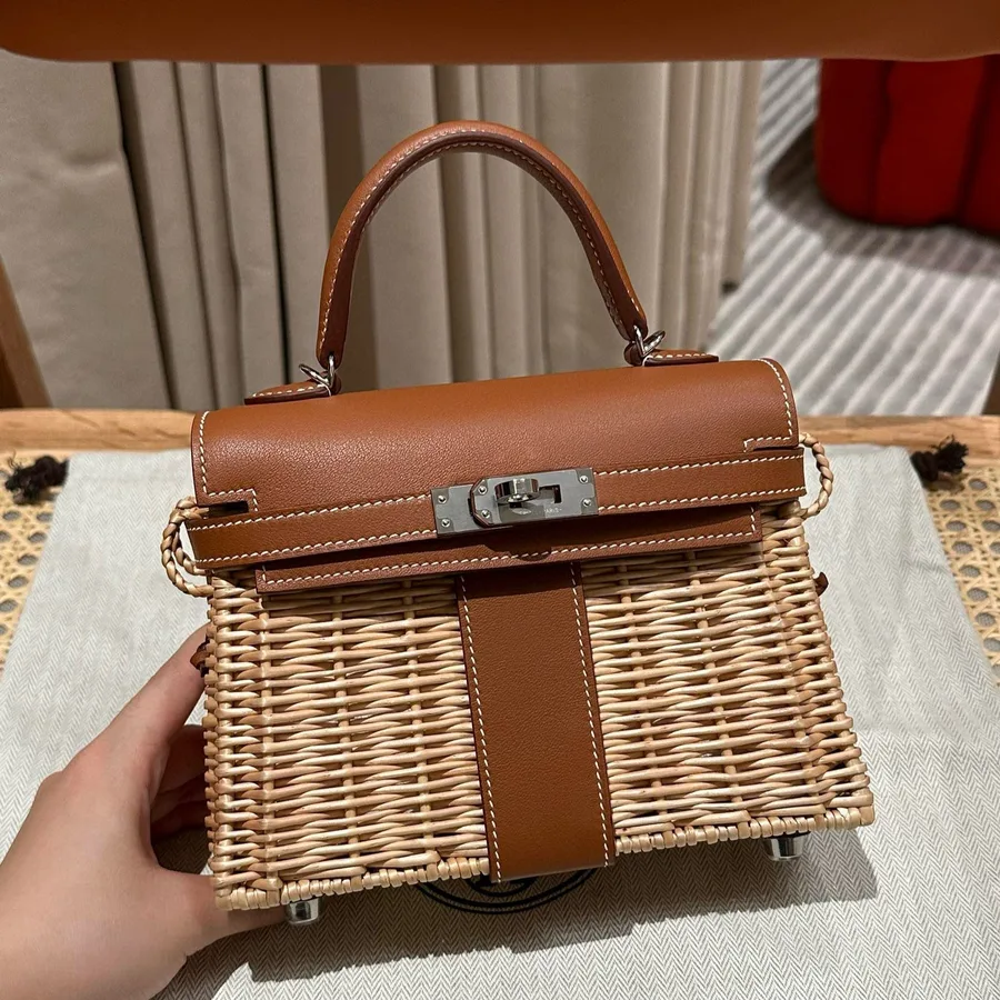 HN Picnic Handbag in Brown & Natural Leather and Wicker Silver Hardware