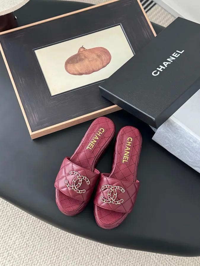 Chanel Women Burgundy Quilted Leather Slides