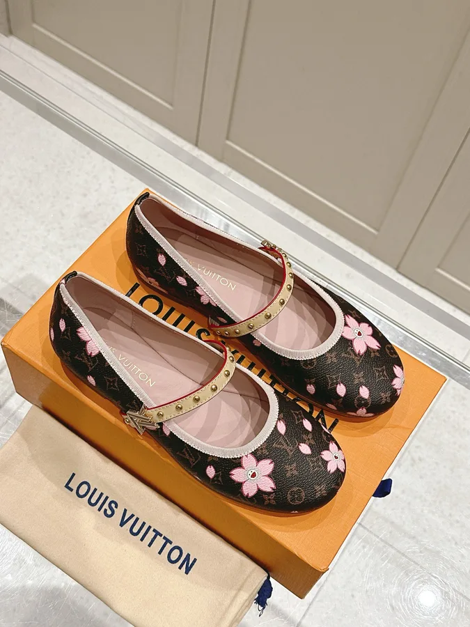 LV Women Brown Canvas Pink Floral Patterned Flats