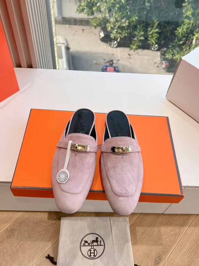 Hermes Women Pink Suede Mules