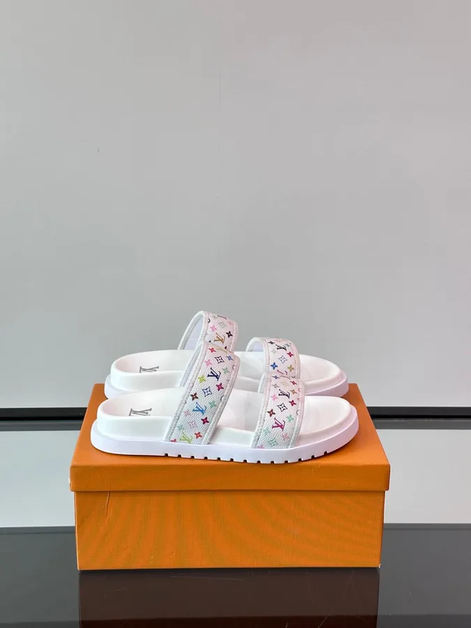 LV Men White Canvas Multicolor Logo Slides