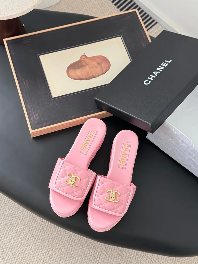 Chanel Women Pink Quilted Leather Slides