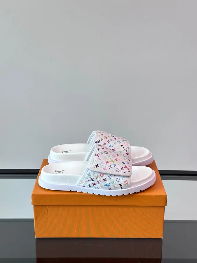 LV Men White Patterned Leather Slides