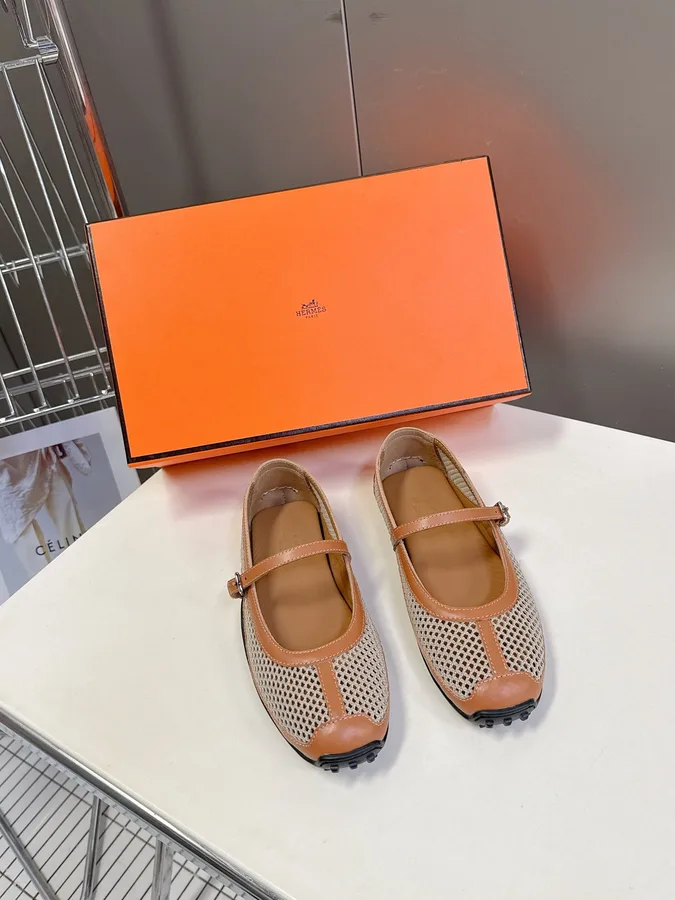 Hermes Women Beige Leather Mesh Mary Jane Flats