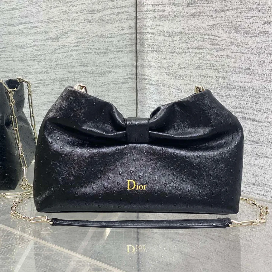 Dior Bow Bag Small Black Ostrich Leather