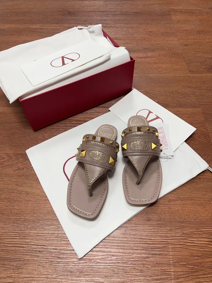 Valentino Women Taupe Leather Studded Sandals