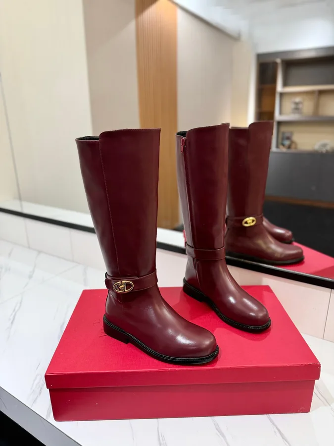Valentino Women Burgundy Leather Knee High Boots