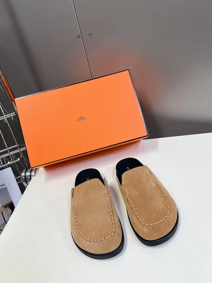 Hermes Women Tan Suede Slip On Mules