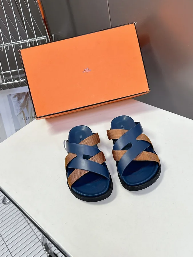 Hermes Women Navy Blue Leather And Brown Sandals