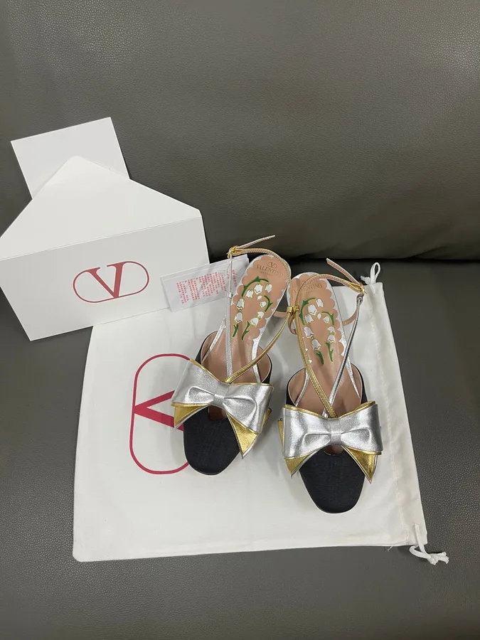Valentino Women Black Satin Silver Gold Leather Heels