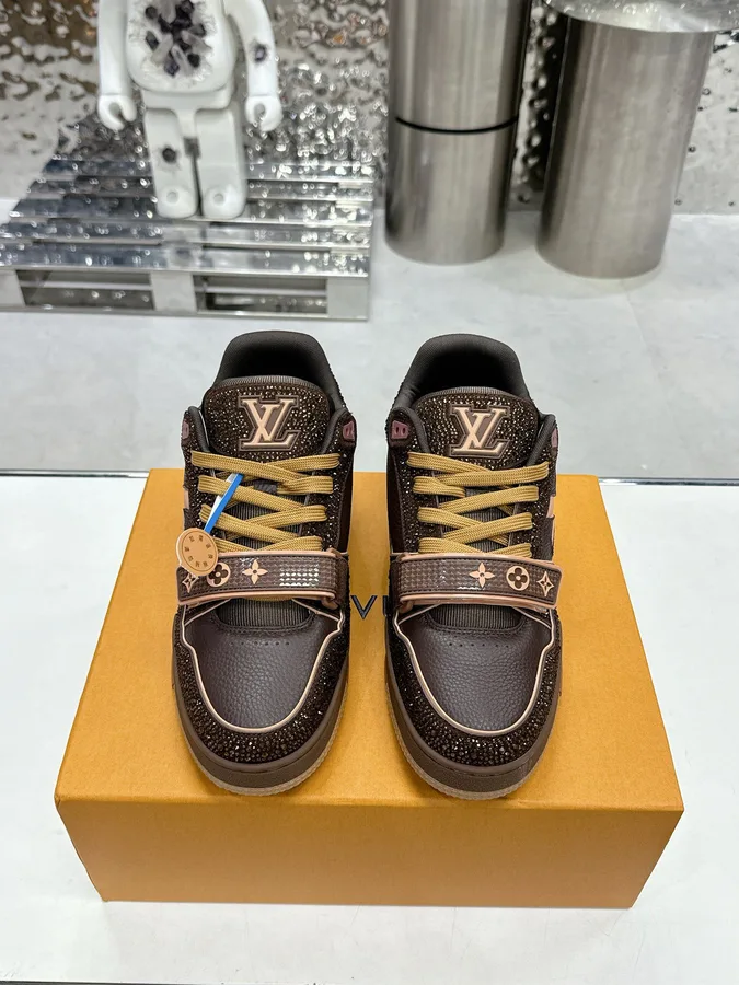 LV Women Brown Leather Sparkle Strap Sneakers