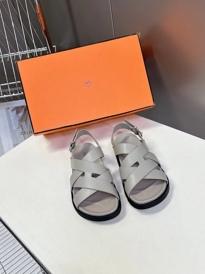 Hermes Women Light Gray Leather Sandals