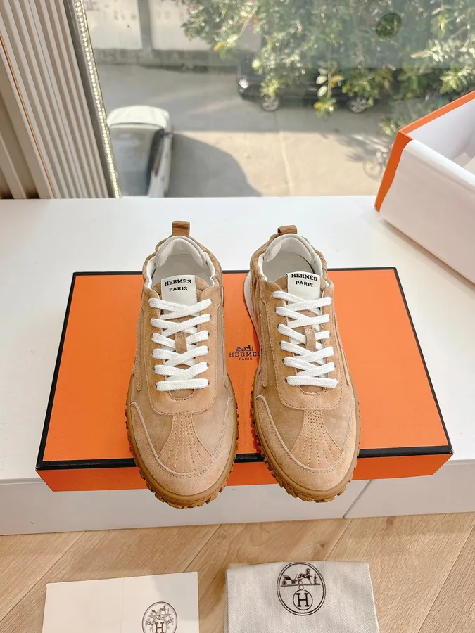 Hermes Women Beige Suede Sneakers
