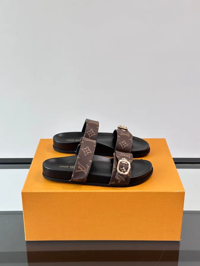 LV Men Brown Leather Logo Print Sandals