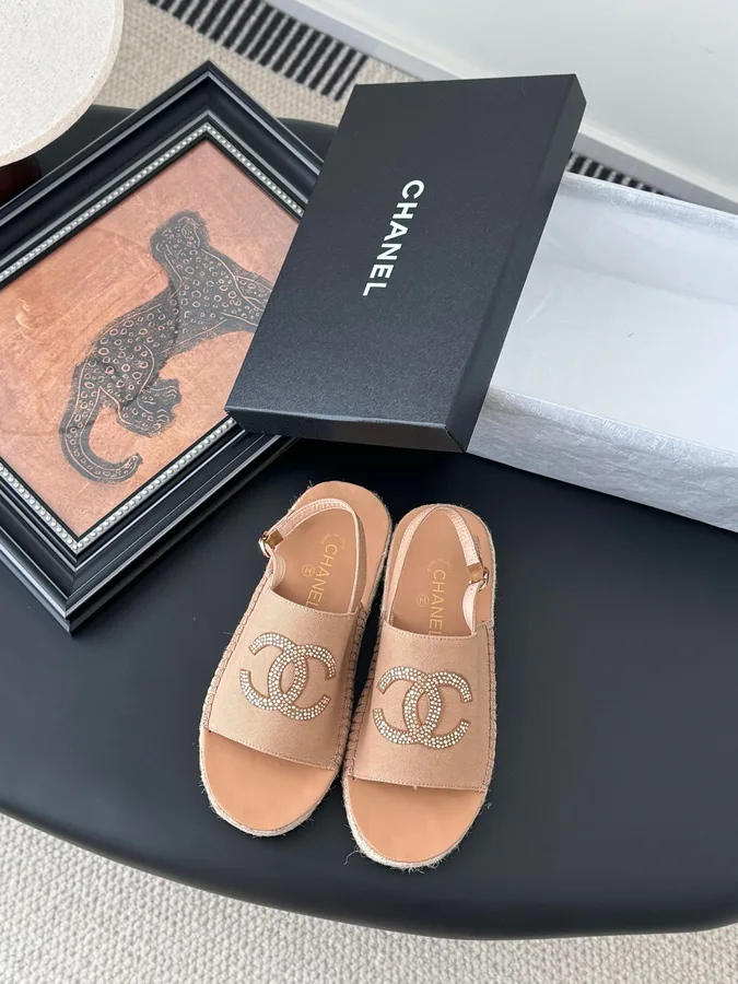 Chanel Women Beige Canvas Crystal Logo Sandals
