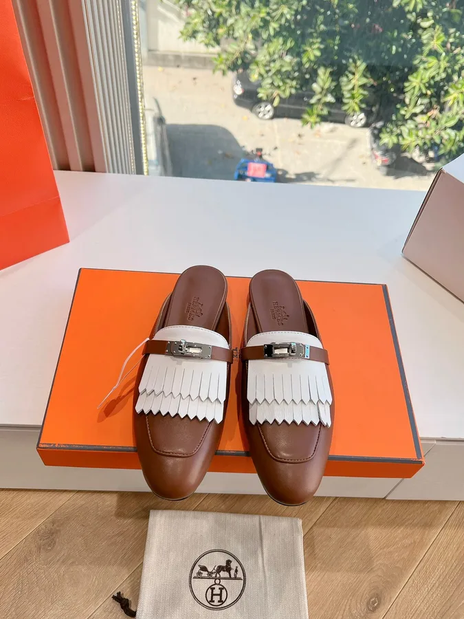 Hermes Women Brown White Leather Fringe Mules