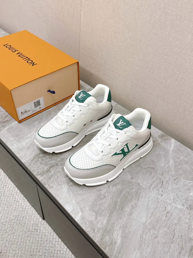 LV Women White Leather Green Accent Sneakers
