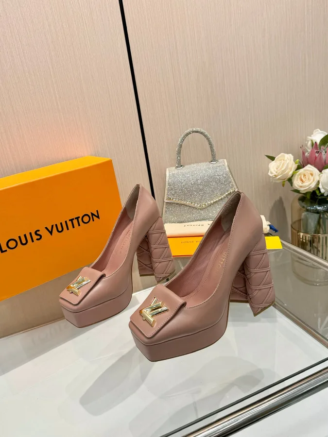 LV Women Pink Leather Quilted Block Heels