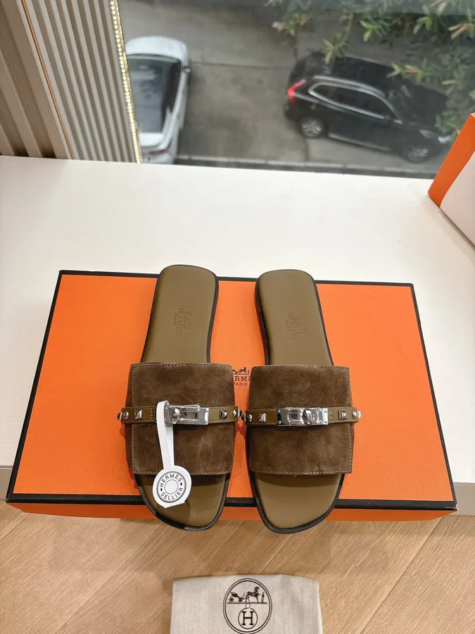 Hermes Women Brown Suede Slide Sandals
