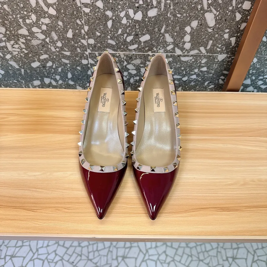 Valentino Women Burgundy Patent Leather Studded Pumps