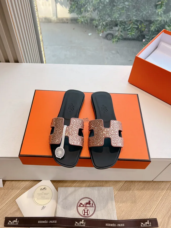 Hermes Women Rose Gold Crystal Leather Sandals