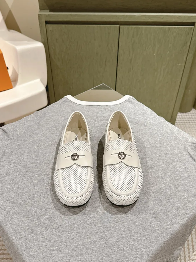 LV Women White Leather Studded Loafers