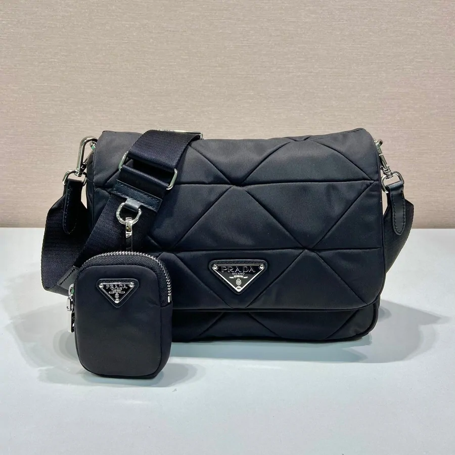 Medium Flap Bag 24 in Black Triangular Quilted Pattern Re-nylon