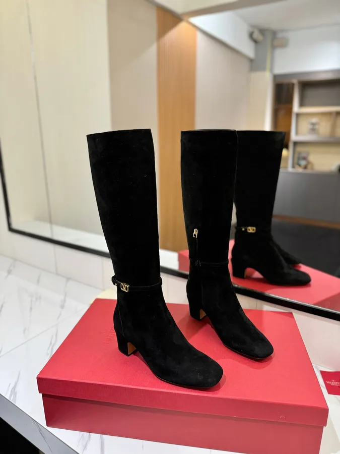 Valentino Women Black Suede Mid Heel Boots