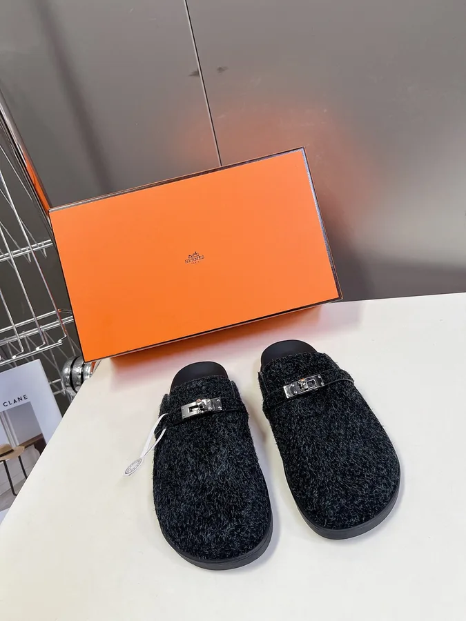 Hermes Women Black Fuzzy Fabric Mules