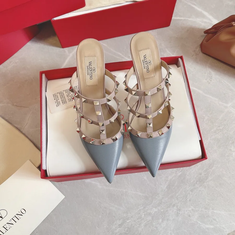 Valentino Women Blue Leather Studded Mules