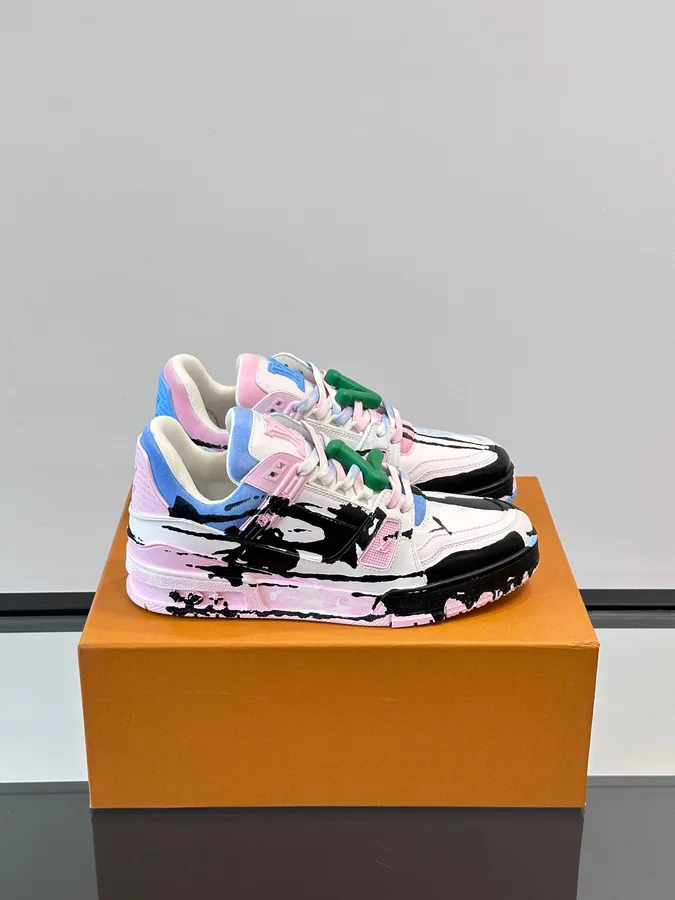 LV Men White Pink Blue Leather Sneakers