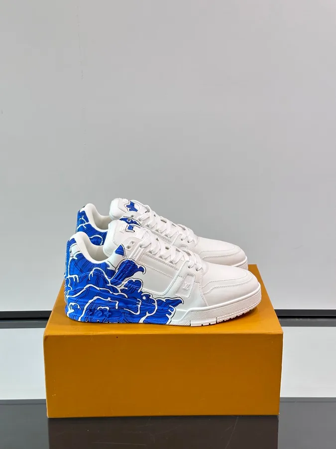 LV Men White Blue Leather Sneakers