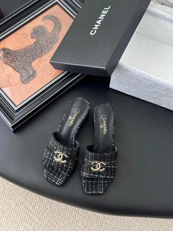 Chanel Women Black Tweed Mules