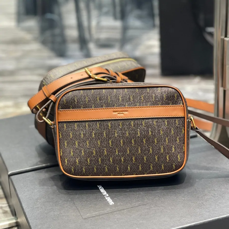 Saint Laurent Canvas Smooth Calfskin Le Monogramme Camera Bag Chestnut