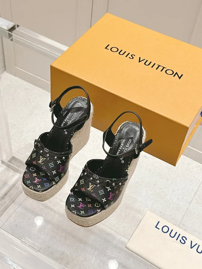 LV Women Black Leather Espadrille Wedge Sandals