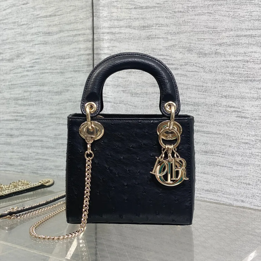 Christian Dior Mini Lady Dior bag in Black Ostrich leather